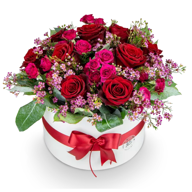 Box of red and pink roses